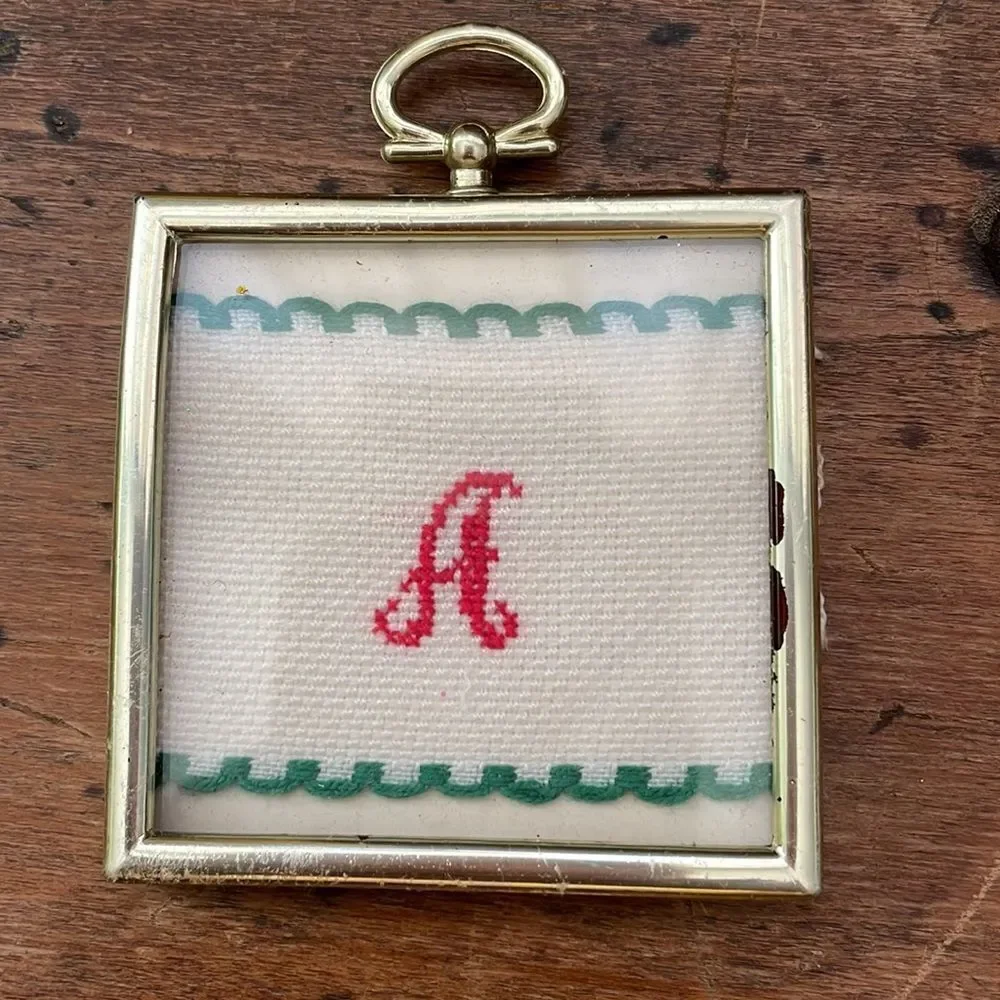 Vtg collection of‎ 6 handmade/homemade cross-stitch square gold frame ornaments